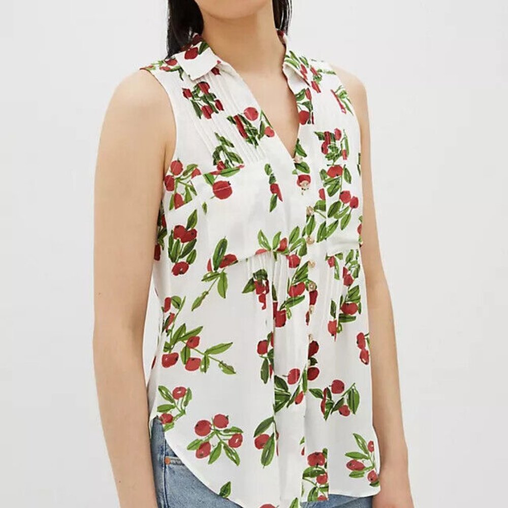 Vera for Anthropologie Top LP Cherry Print Tank Pintuck Novelty